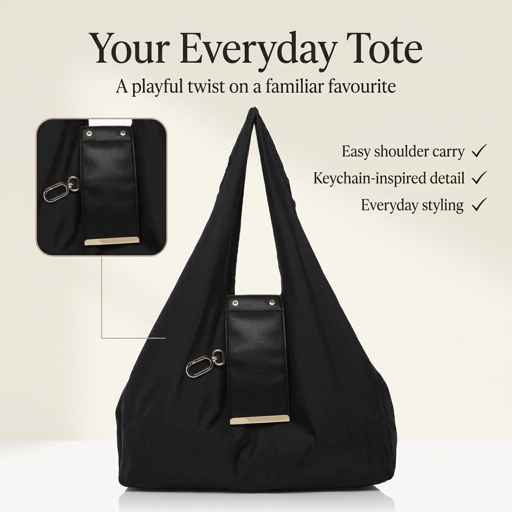 Black tote graphic with cream background, detail inset and text