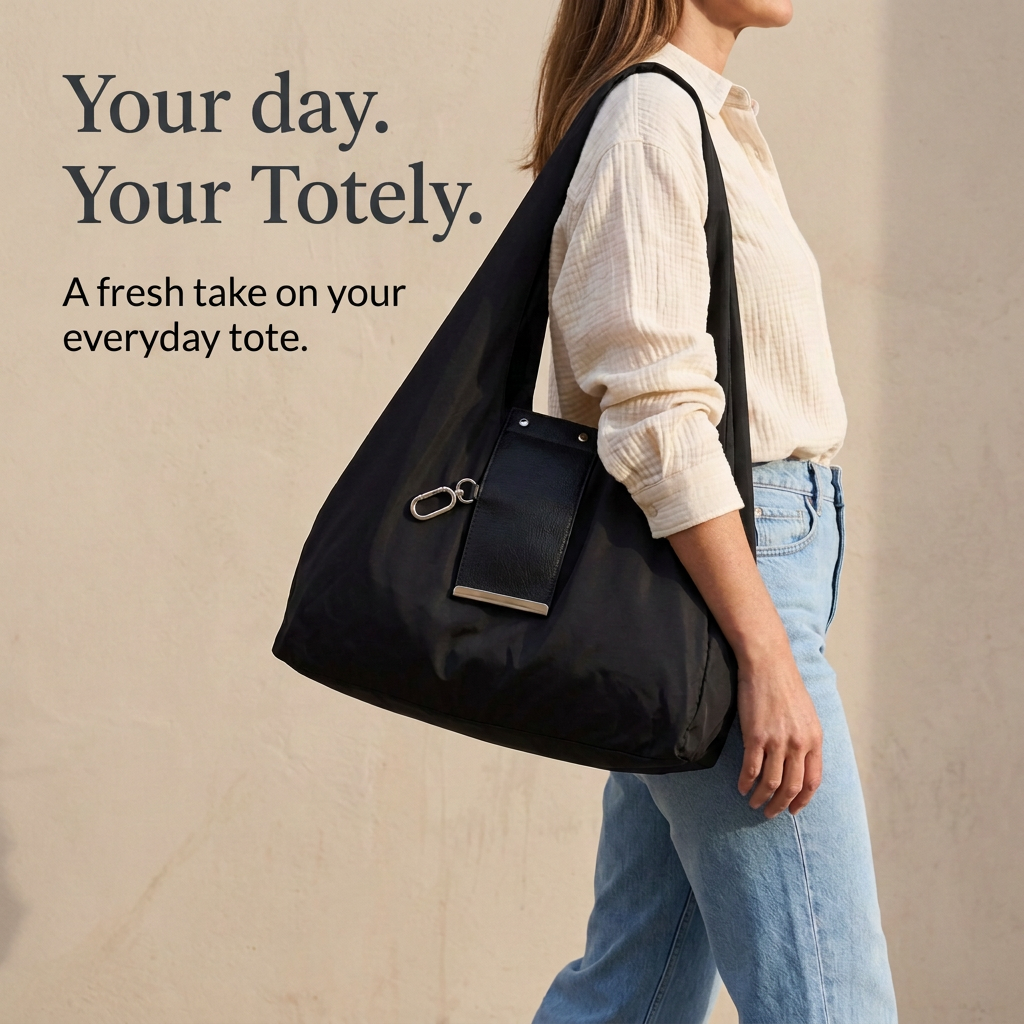 Black tote homepage hero with Your day. Your Totely. headline