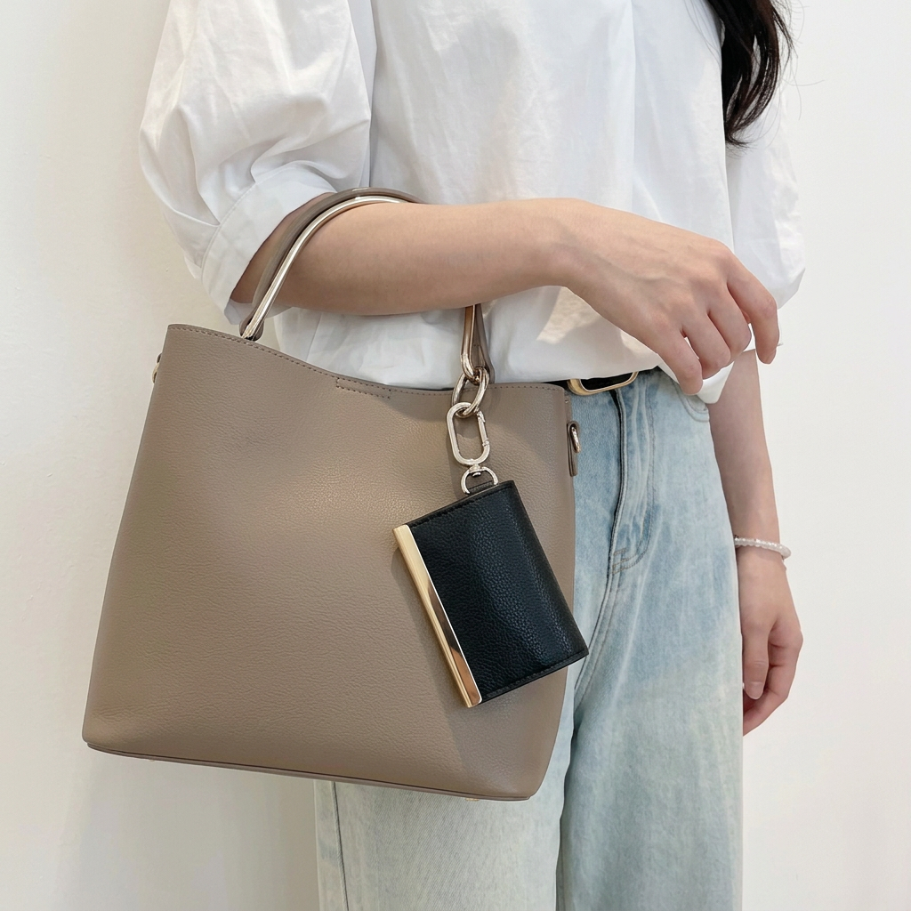 Folded black tote clipped to a larger handbag